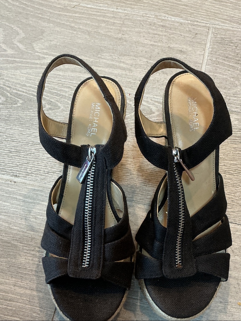 Michael Kors Berkley Black Front-Zip Wedge Espadrille Sandals Women’s Sz 7.5M